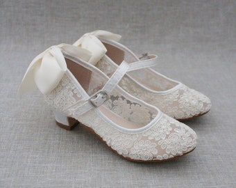 Ivory Lace Mary Jane heels with Satin Back Bow - Flower Girl shoes, Baptism and Christening Shoes, Girls Lace Heels