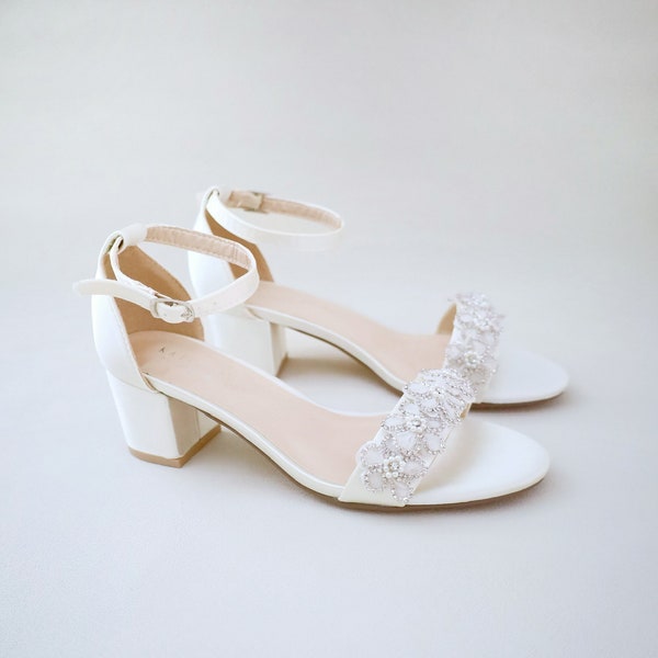 Ivory Satin Block Heel Sandal with Rhinestones Chassia Flower, Women Sandals, Bridesmaid Shoes, Wedding Shoes, Bridal Heel Sandals