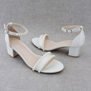 Women & Kids Shoes Ivory Satin Block Heel Sandal With PEARLS, Women ...