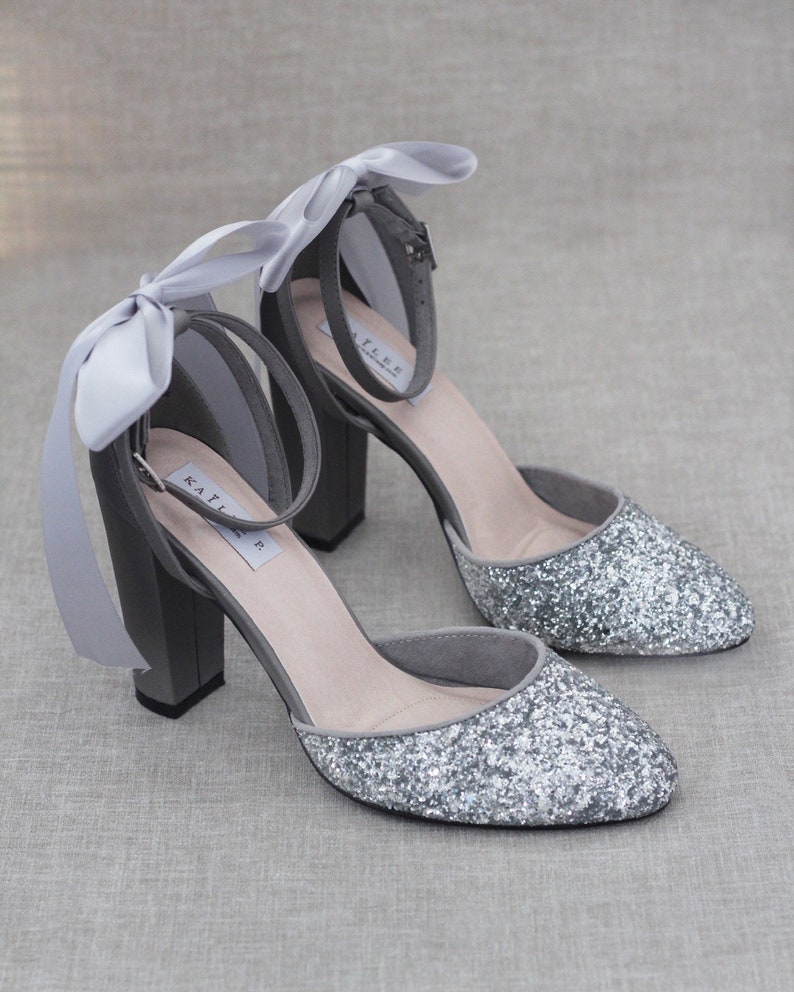 silver glitter block heel shoes