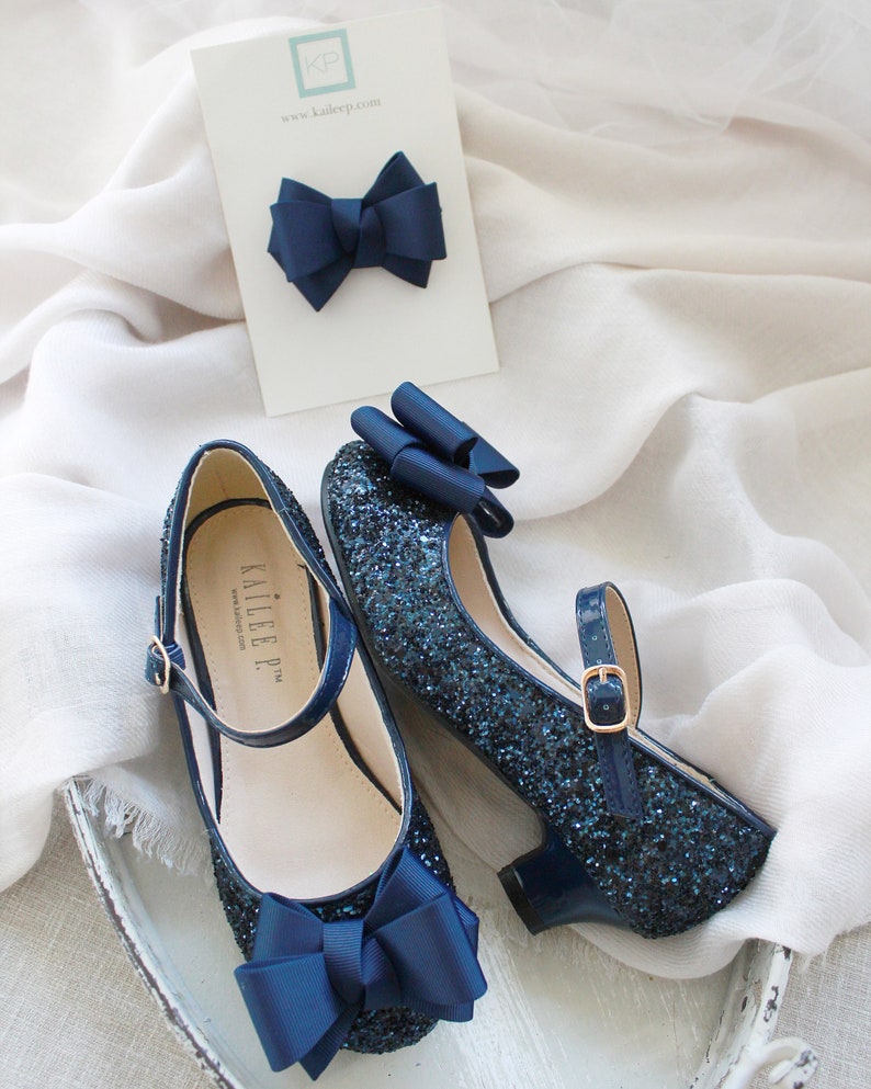 Navy Blue Birthday Shoes Flower Girl shoes NAVY Rock Glitter Mary Jane Heel with GrosgrainBow Girls Party Shoes