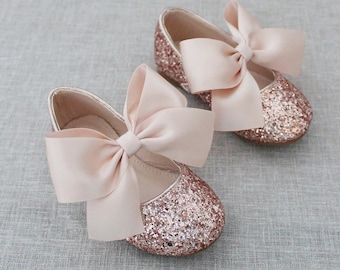 Rose Gold Rock Glitter Mary Jane Flats with BLUSH Satin Bow, Flower Girls Shoes, Birthday Shoes, Baby Shoes, Pageant Shoes, Holiday Shoes