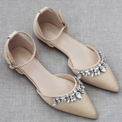 White Satin Pointy Toe Flats With Sparkly RHINESTONES APPLIQUE - Etsy