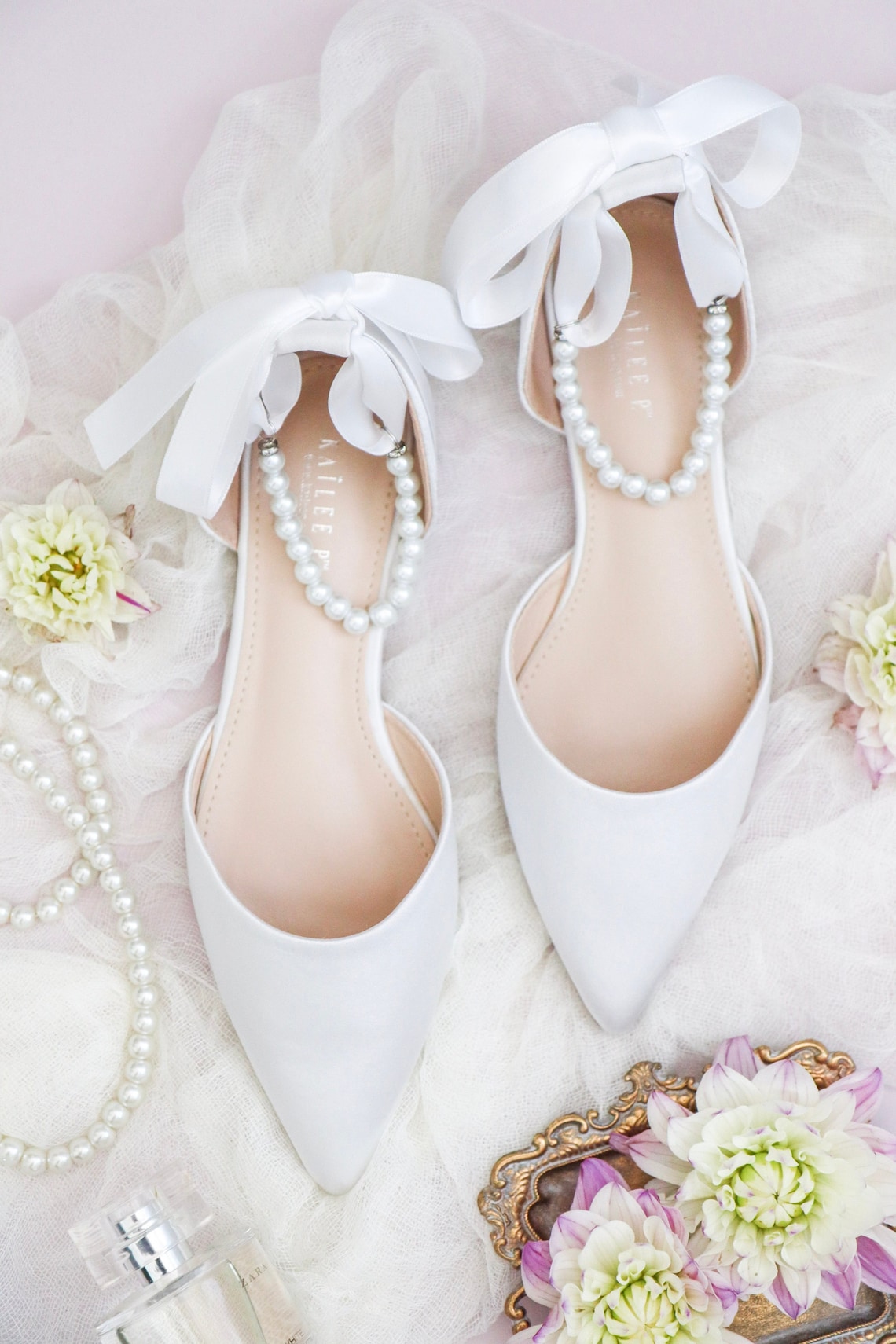 White Satin Pointy Toe Flats with PEARLS ANKLE STRAP Satin image 1