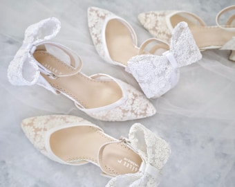 White & Ivory Crochet Lace Almond Toe Block Heel with Back Crochet Bow, Women Wedding Shoes, Bridesmaids Shoes, Bridal Shoes