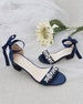 Navy Satin Block Heel Sandals with FLORAL RHINESTONES on Upper Strap, Women Sandals, Flower Girls Shoes, Holiday Shoes, Something Blue 