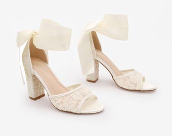 Ivory Crochet Lace Block Heel Sandals with Wrapped Ribbon Tie - Women Wedding Shoes, Bridesmaids Shoes, Bridal Shoes, Bridal Heels