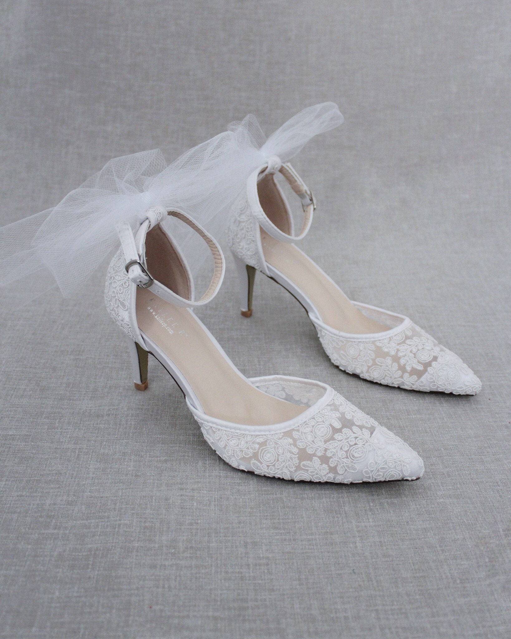 White Crochet Lace Pointy Toe HEELS With TULLE Back Bow Women - Etsy Israel