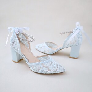 Light Blue Crochet Lace Almond Toe Block Heel With Amaryllis - Etsy