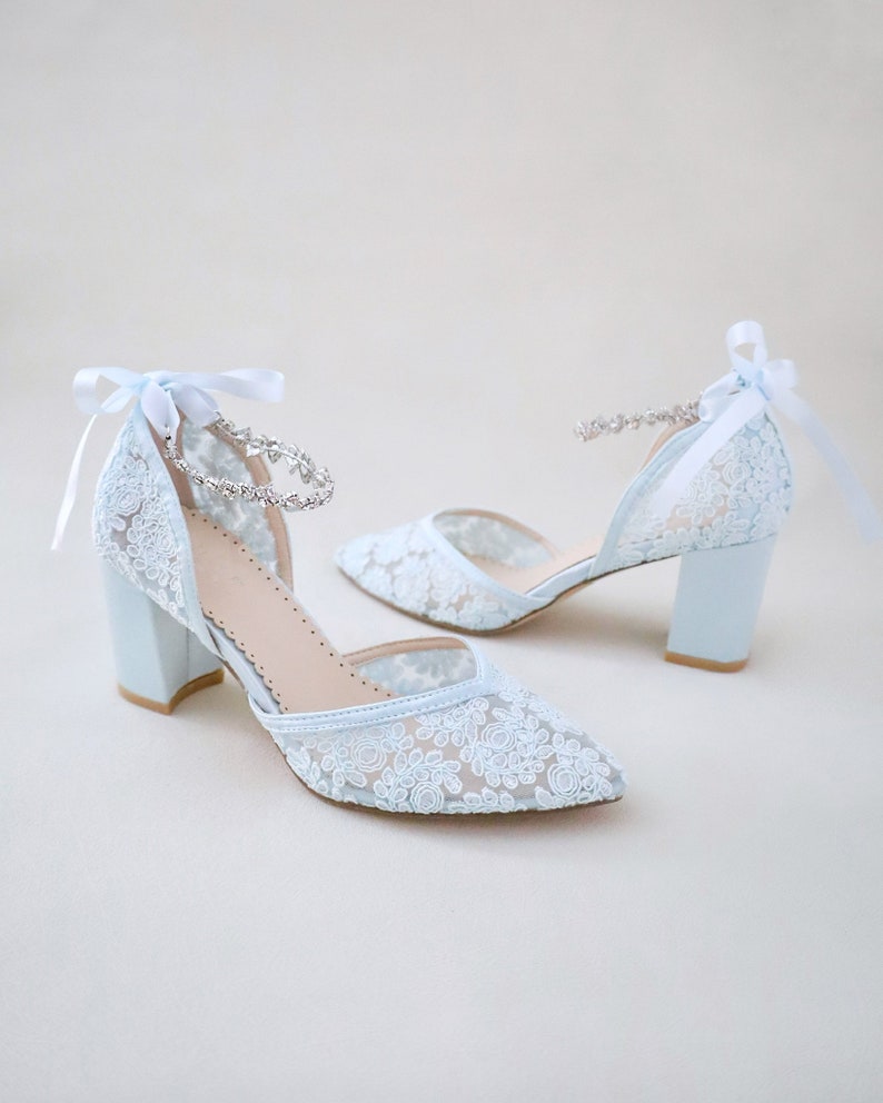 Light Blue Crochet Lace Almond Toe Block Heel With Amaryllis - Etsy