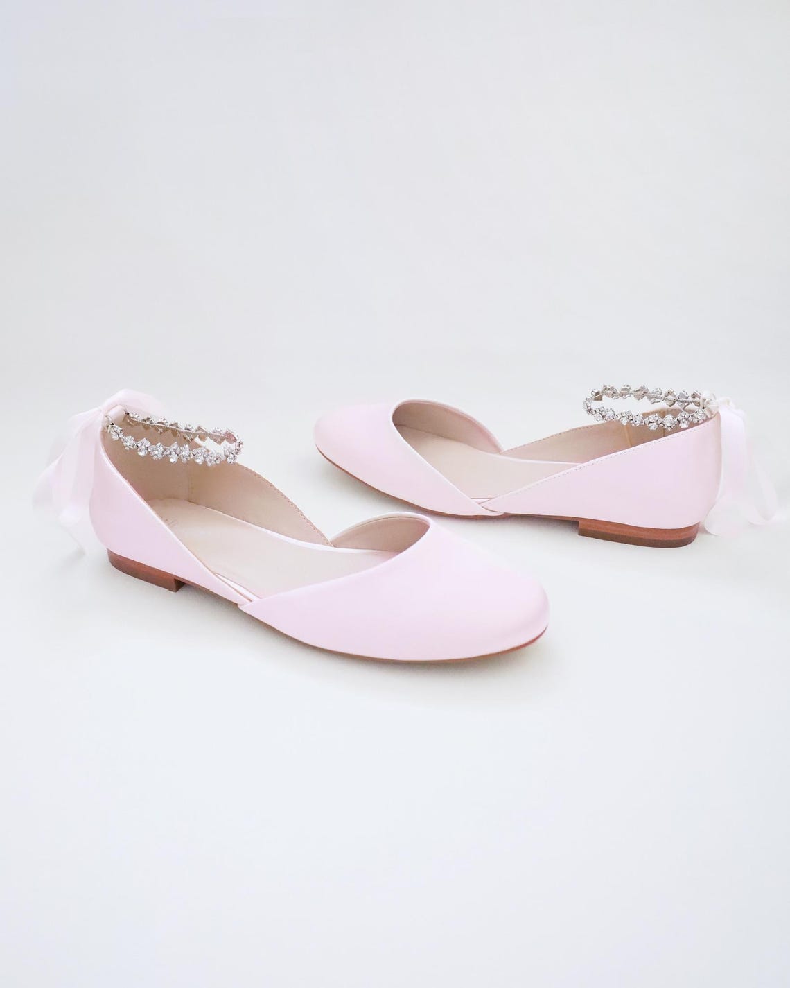 Dusty Pink Satin Round Toe Evening Flat With Amaryllis Strap, Wedding ...