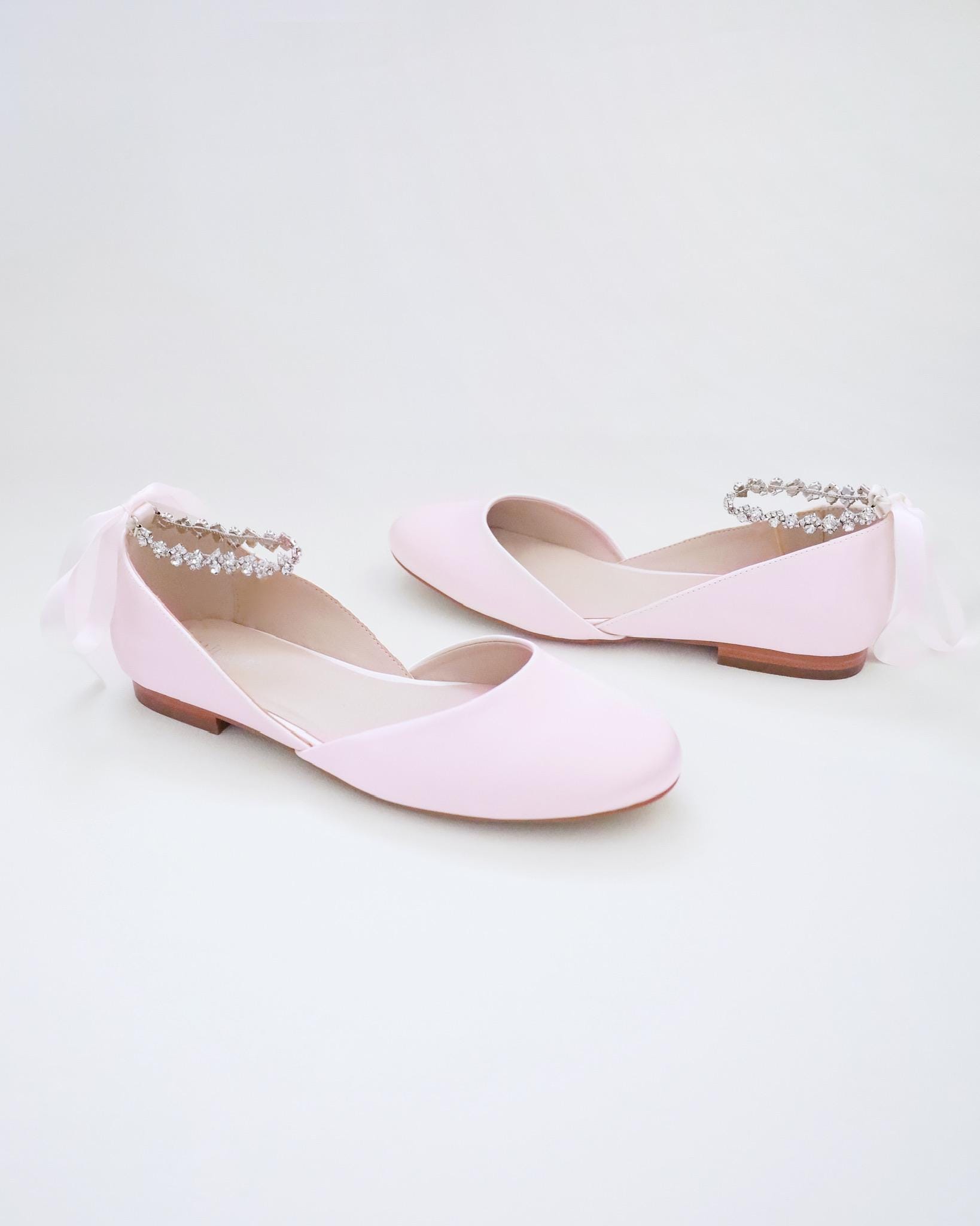 Dusty Pink Satin Round Toe Evening Flat With Amaryllis Strap, Wedding ...
