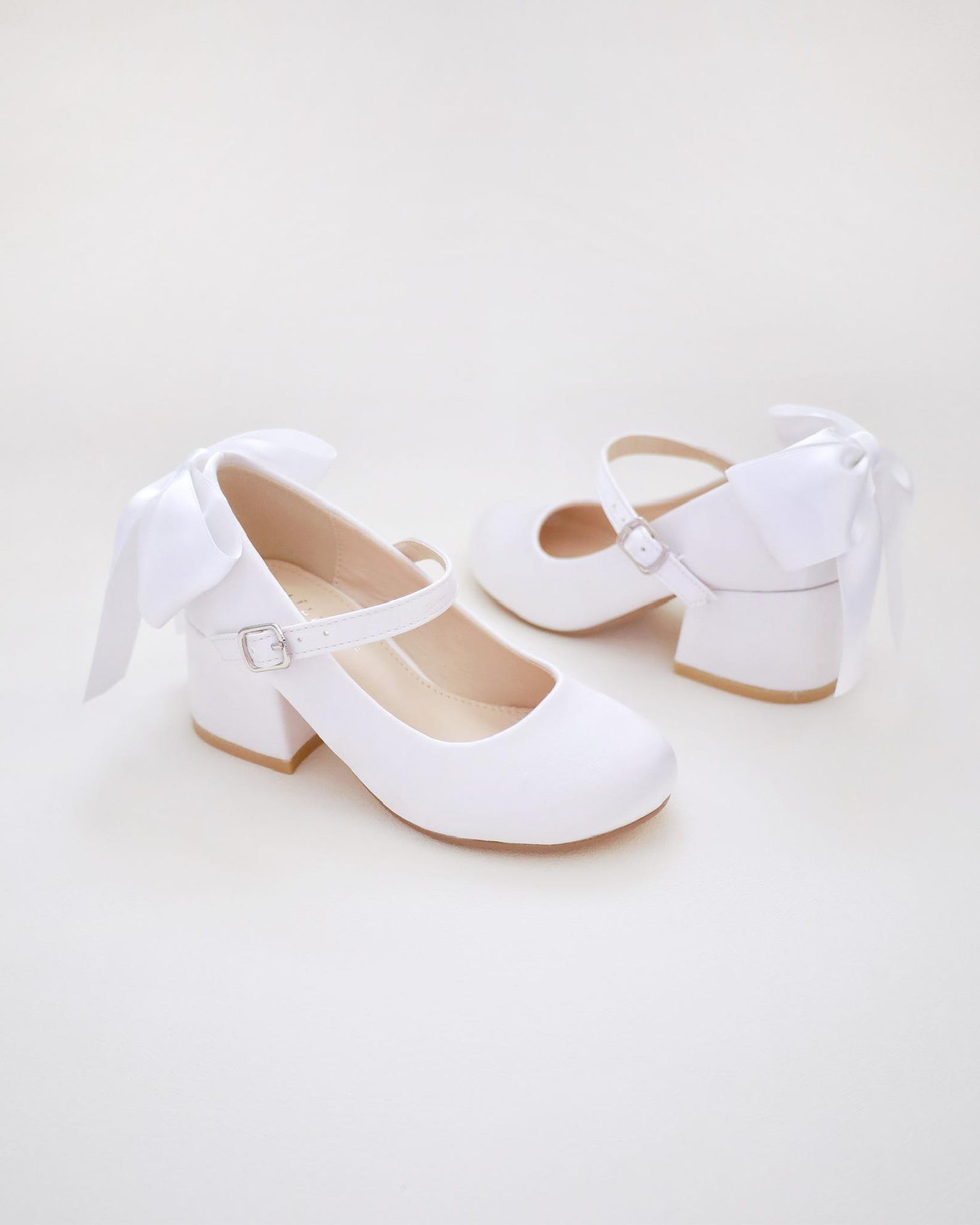 Ivory & White Satin Mary Jane Girls Block Heel With Back Satin Bow ...