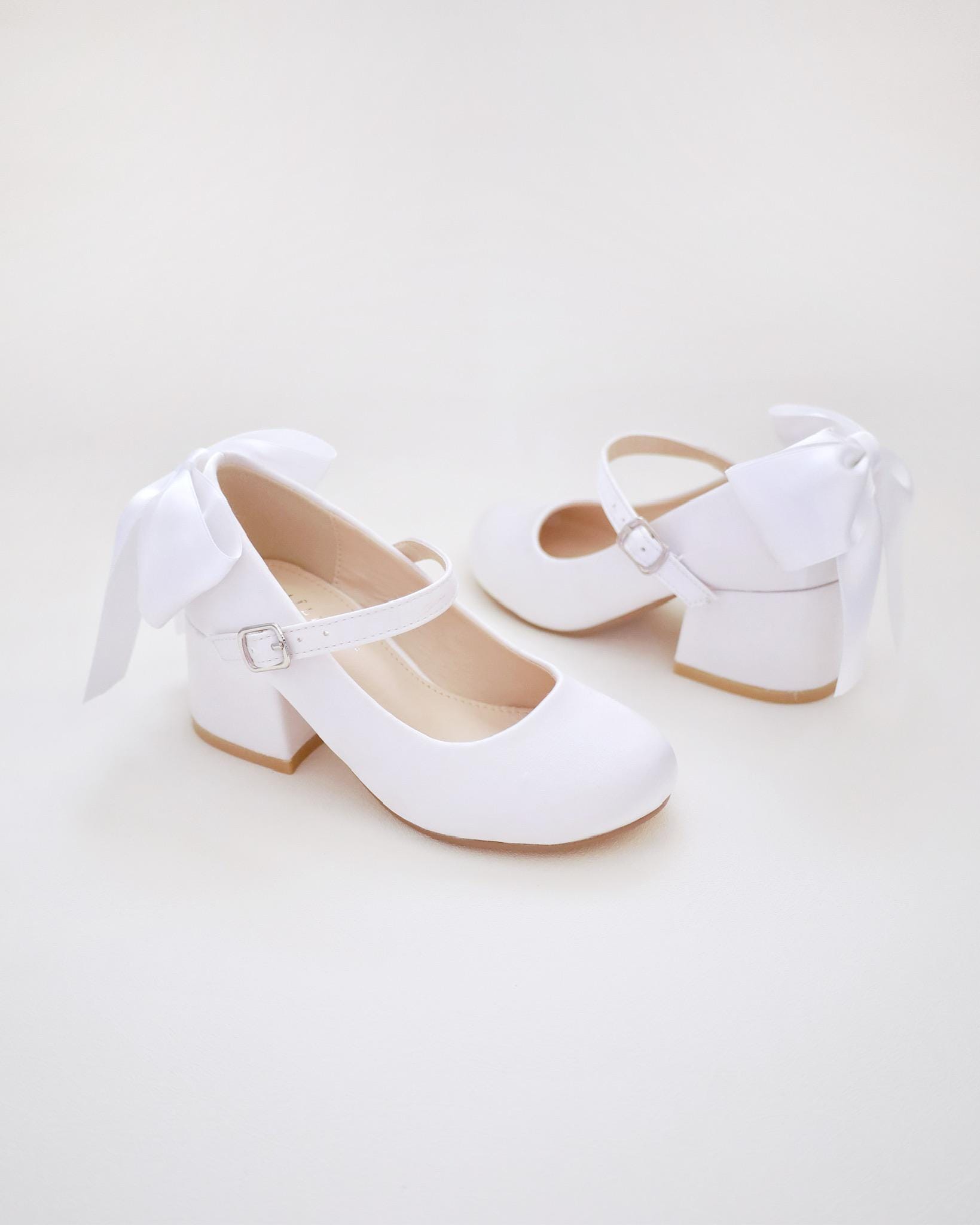 Ivory & White Satin Mary Jane Girls Block Heel With Back Satin Bow ...