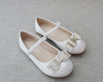 Girls Shoes | White satin mary-jane with fine glitter tuxedo bow for flower girls, Christening and Baptism Shoes