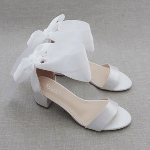 White Satin Block Heel Sandal With WRAPPED SATIN TIE, Bridesmaid Shoes ...