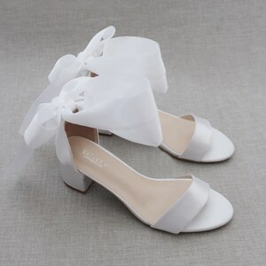 White Satin Block Heel Sandal With WRAPPED SATIN TIE, Bridesmaid Shoes ...