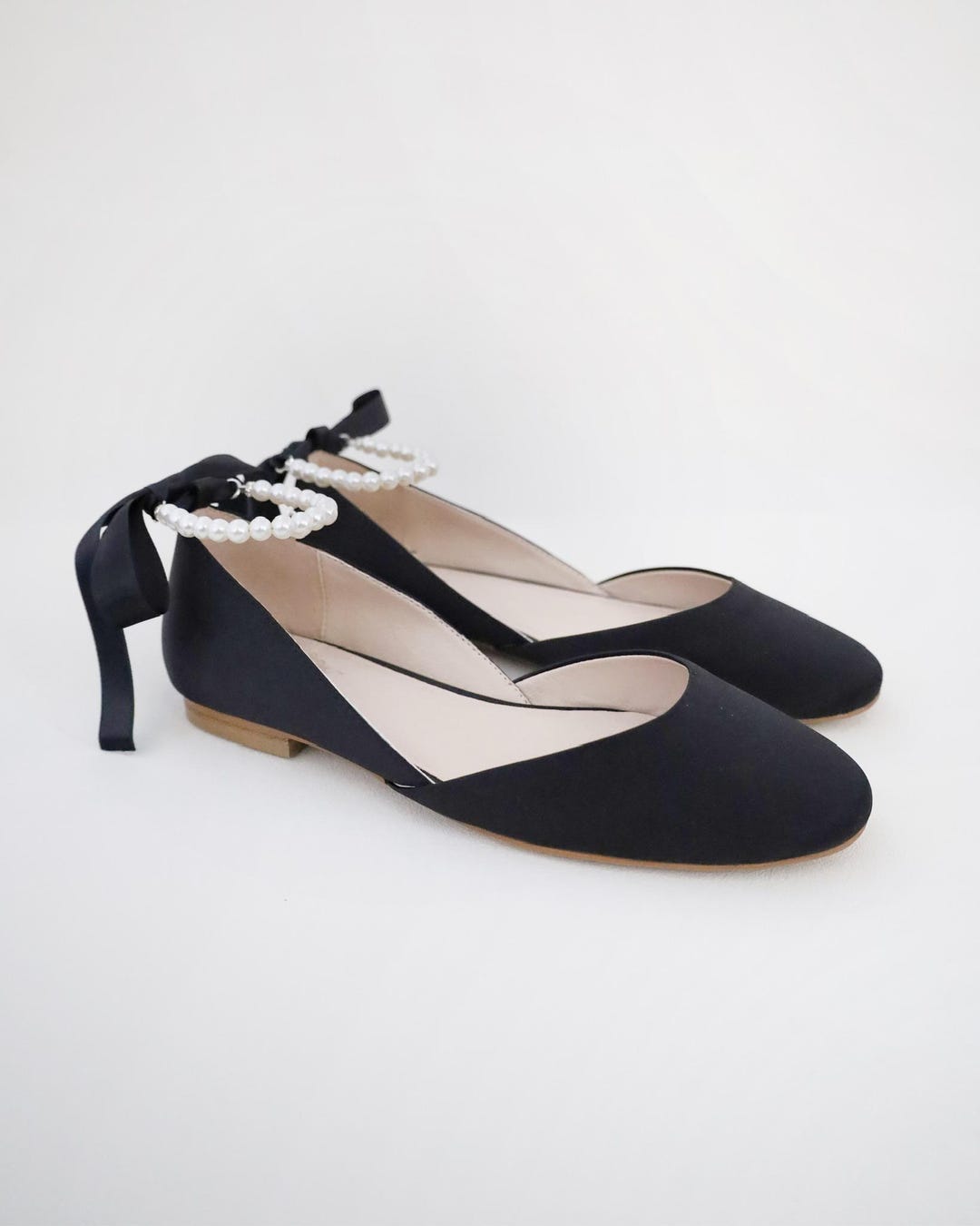 Black Satin Flats with All Pearls Ankle Strap, Evening Shoes, Wedding Shoes, Bridesmaids Shoes, Prom Shoes, Women Flats Black Satin Flats with All Pearls Ankle Strap, Evening Shoes, Wedding Shoes, Bridesmaids Shoes, Prom Shoes, Women Flats