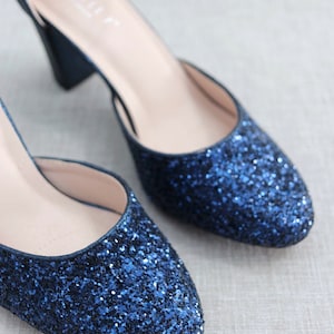 Navy Rock Glitter Block Heel with SATIN BACK BOW, Women Wedding Shoes, Bridesmaids Shoes, Bridal Shoes, Bride Pumps, Holiday Shoes image 5