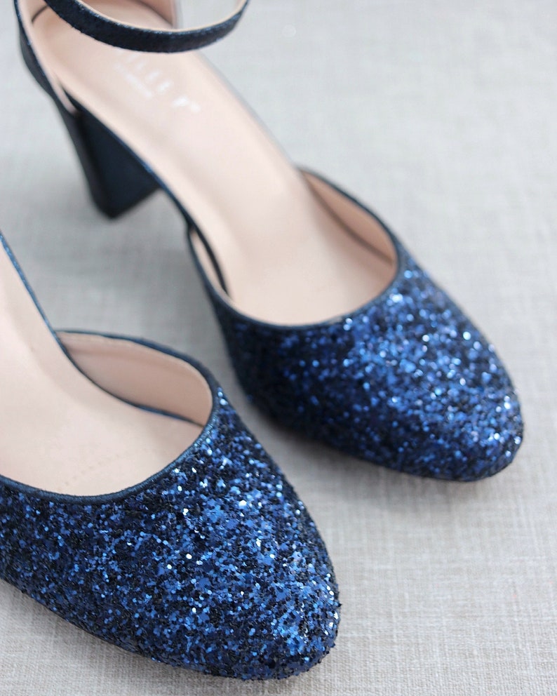 Navy Rock Glitter Block Heel with SATIN BACK BOW, Women Wedding Shoes, Bridesmaids Shoes, Bridal Shoes, Bride Pumps, Holiday Shoes image 5