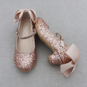 Rose Gold Rock Glitter mary-jane heels with added BLUSH SATIN BOW - Flower Girl shoes, Birthday Party Shoes, Holiday Shoes