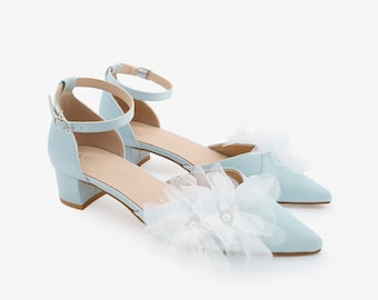 Light Blue Satin Pointy Toe Low Block Heels Wedding Shoes with Ophelia Flowers, Wedding Shoes, Bridal Low Heel, Wedding Heel, Something Blue