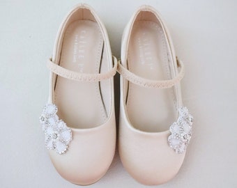 Champagne Satin Mary Jane Flats with Rhinestones Chassia Flower perfect for Weddings, Flower Girls Shoes, Birthday Shoes, Toddler Flats