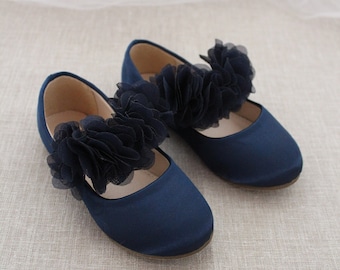 Navy Satin Maryjane with CHIFFON FLOWERS for Holiday Shoes, Girls Toddler Shoes, Birthday Shoes, Party Shoes, Fall Flower Girls Shoes