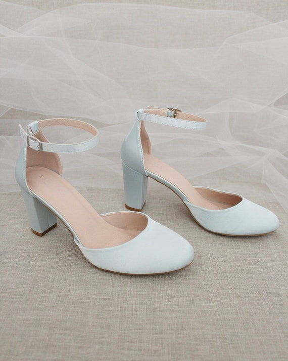 Tacco a blocco in raso azzurro con fiocco in satin scarpe da