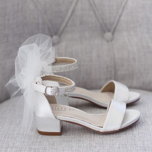 Ivory Satin Block Heel Sandal With TULLE BACK BOW Fall - Etsy