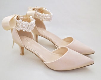 Champagne Satin Pointy Toe Low Heels with Perla Ankle Strap, Evening Low Heels, Kitten Heels, Fall Wedding Shoes, Bridesmaids Heels