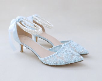 Light Blue Crochet Lace Pointy Toe Wedding Low Heels with Double Pearls Strap, Bridal Low Heels, Kitten Heels, Something Blue, Wedding Shoes