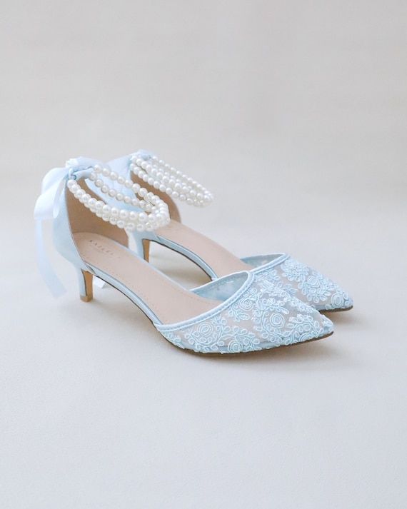 Light Blue Crochet Lace Pointy Toe Wedding Low Heels With Double