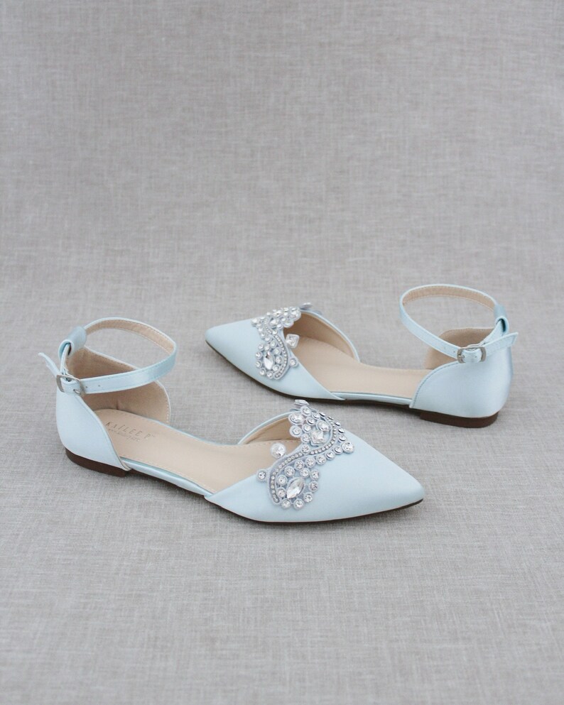 Light Blue Satin Pointy Toe Flats with Sparkly RHINESTONES APPLIQUE , Women Wedding Shoes, Bridal Shoes, Something Blue, Bridesmaids Shoes image 7