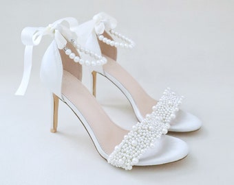 Ivory Satin High Heel Wedding Sandals with Perla Applique and All Pearls Strap, Wedding Heels Sandals, Bridesmaids Shoes, Bridal Heels