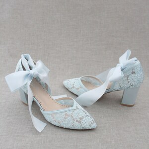 Light Blue Crochet Lace Almond Toe Block Heels With Ballerina Lace up ...