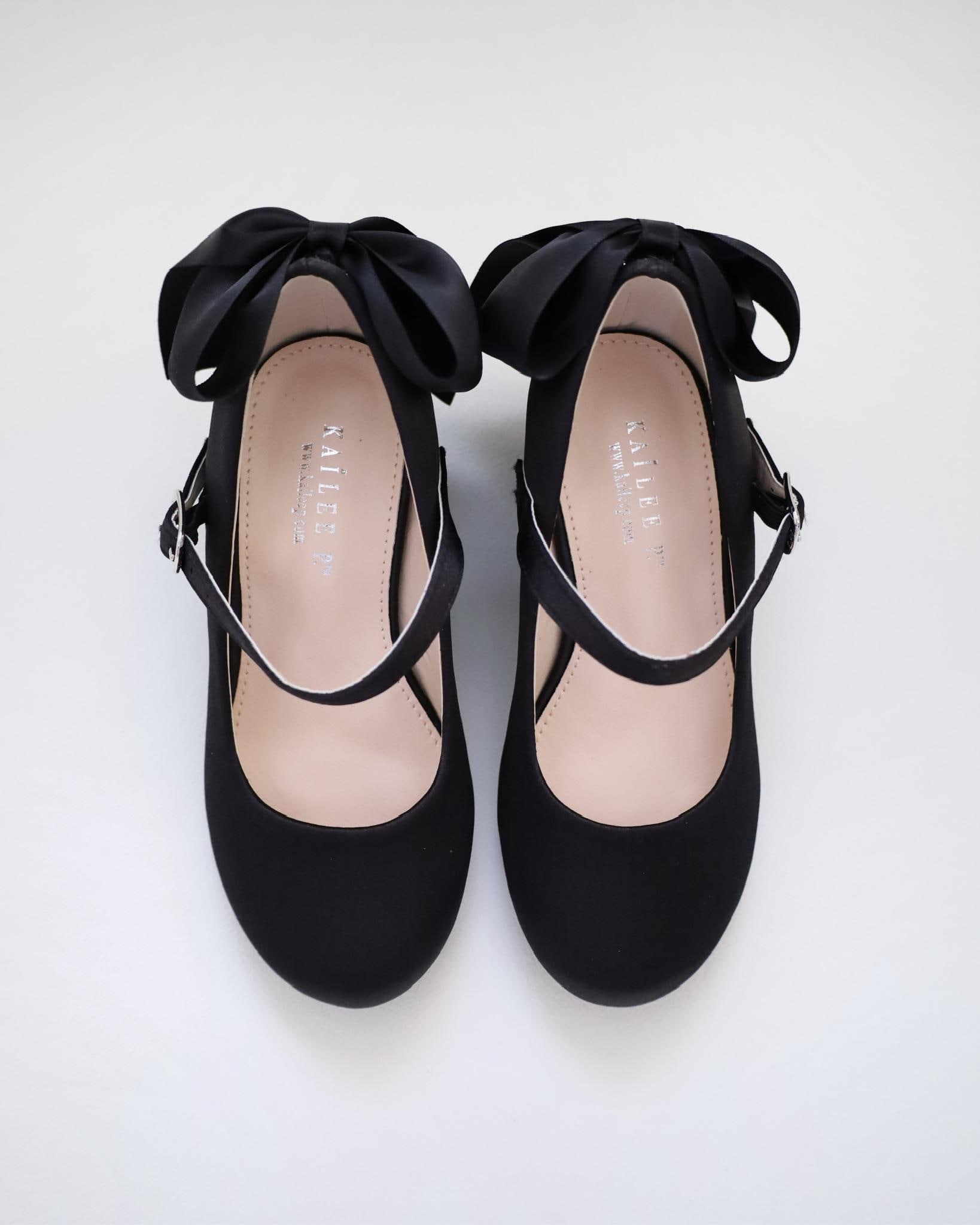Black Satin Mary Jane Girls Block Heel With Back Satin Bow, Flower ...
