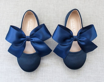 Navy Satin Maryjane with NAVY satin bow for Fall Flower Girl Shoes, Girls Toddler Shoes, Holiday Shoes, Holiday Shoes, Birthday Shoes