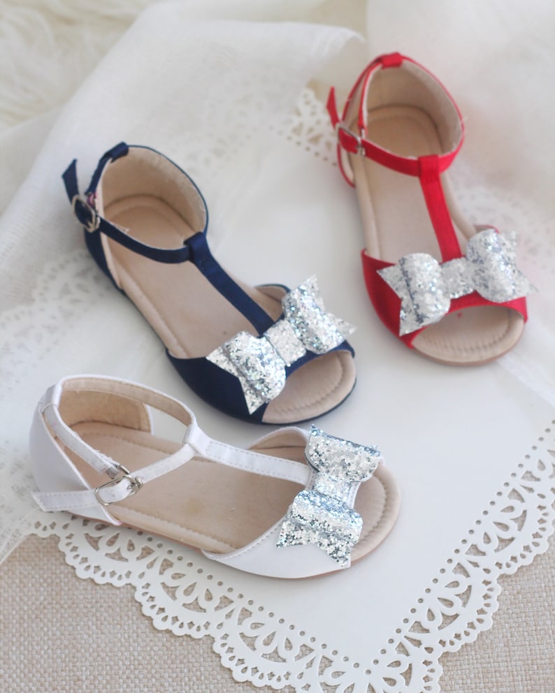 for flower girls WHITE Satin T-strap Flats with Rock Glitter Bow toddler girls shoes