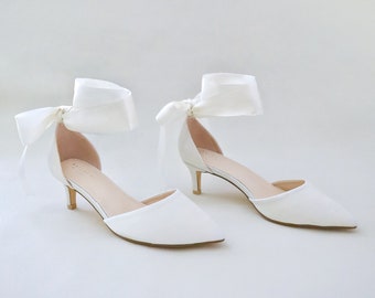 Ivory Satin Pointy Toe Low Heels with Wrapped Ankle Tie, Fall Wedding Shoes, Bridal Shoes, Bridal Low Heels, Kitten Heels