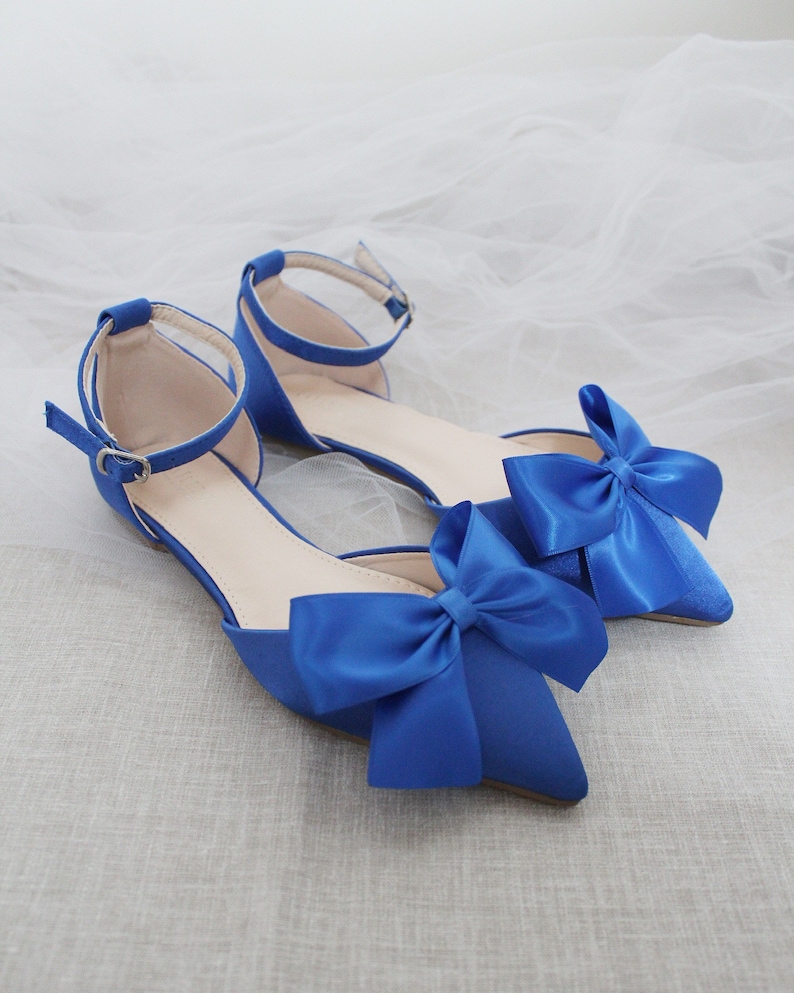 Royal Blue Pointy Toe Flats With FRONT SATIN BOW, Women Wedding Shoes ...