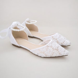 White Crochet Lace Pointy Toe Flats Women Wedding Shoes, Bridesmaid Shoes, Bridal Flats, Wedding Flats, Bridal Lace Shoes, Bride Shoes ALL PEARLS