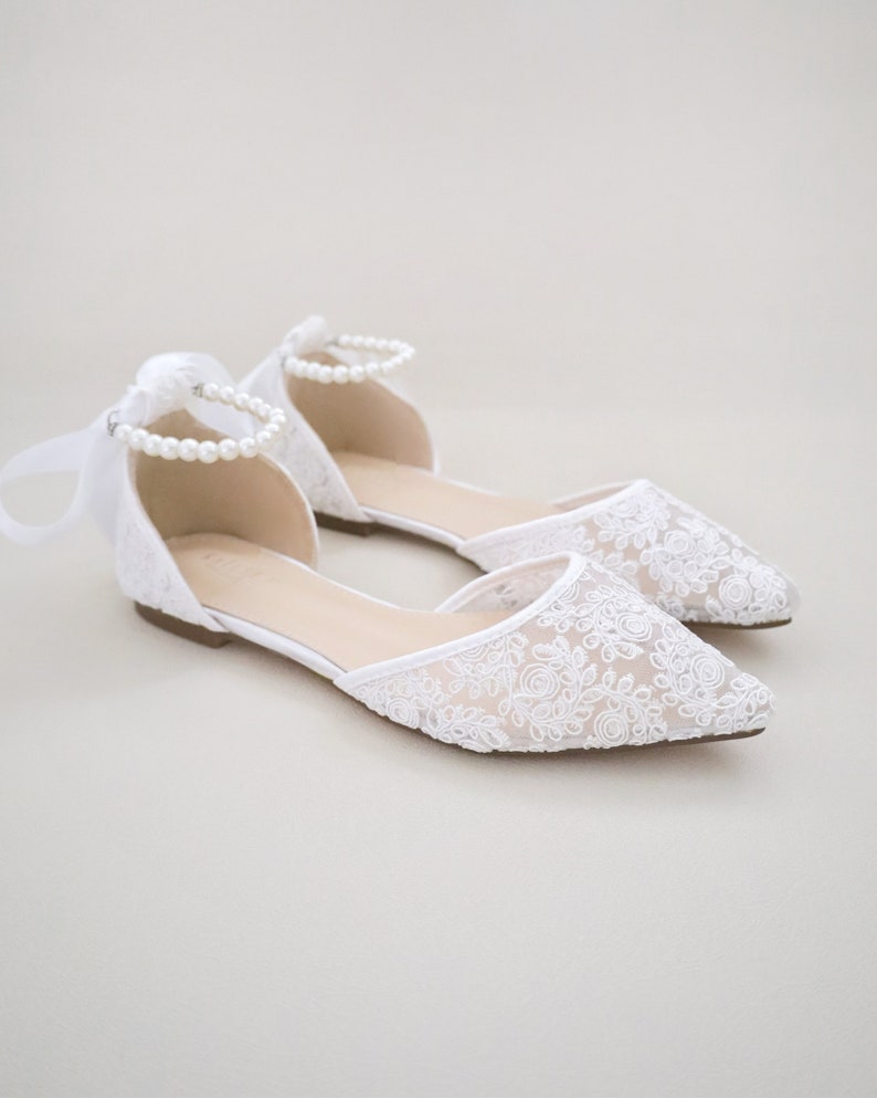 White Crochet Lace Pointy Toe Flats Women Wedding Shoes, Bridesmaid Shoes, Bridal Flats, Wedding Flats, Bridal Lace Shoes, Bride Shoes ALL PEARLS