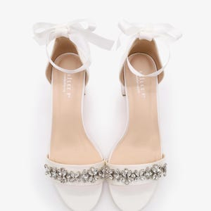 White Satin Block Heel Sandals with FLORAL RHINESTONES on Upper Strap, Flower Girls Shoes, Jr.Bridesmaid Shoes, Wedding Sandals, Women Shoes image 4