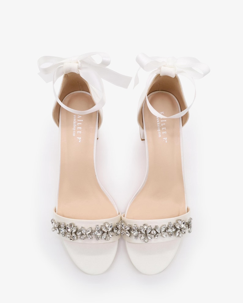 White Satin Block Heel Sandals with FLORAL RHINESTONES on Upper Strap, Flower Girls Shoes, Jr.Bridesmaid Shoes, Wedding Sandals, Women Shoes image 4