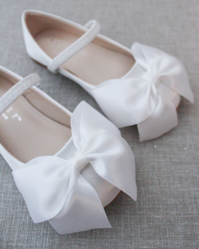White Satin Mary Jane Flats With FRONT SATIN BOW - Flower Girls Shoes ...