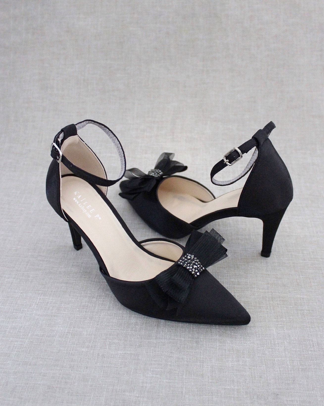 Black Pointy Toe Heels with Sparkly Mesh Embellished Bow, Fall Wedding Shoes, Bridesmaid Shoes, Black Evening Shoes, Holiday Shoes