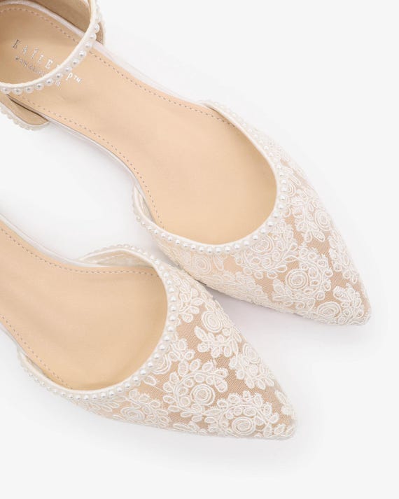 White Crochet Lace Pointy Toe Flats With MINI PEARLS, Women