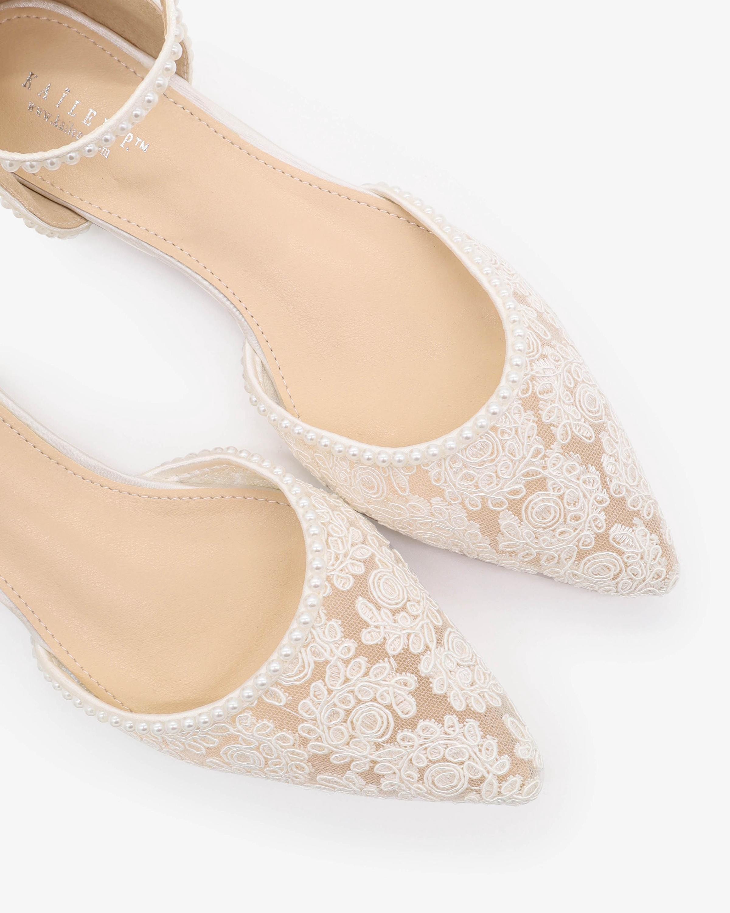 White Crochet Lace Pointy Toe Flats With MINI PEARLS, Women