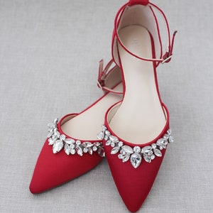 Red Satin Pointy Toe Flats With Sparkly TEARDROP RHINESTONES, Fall ...